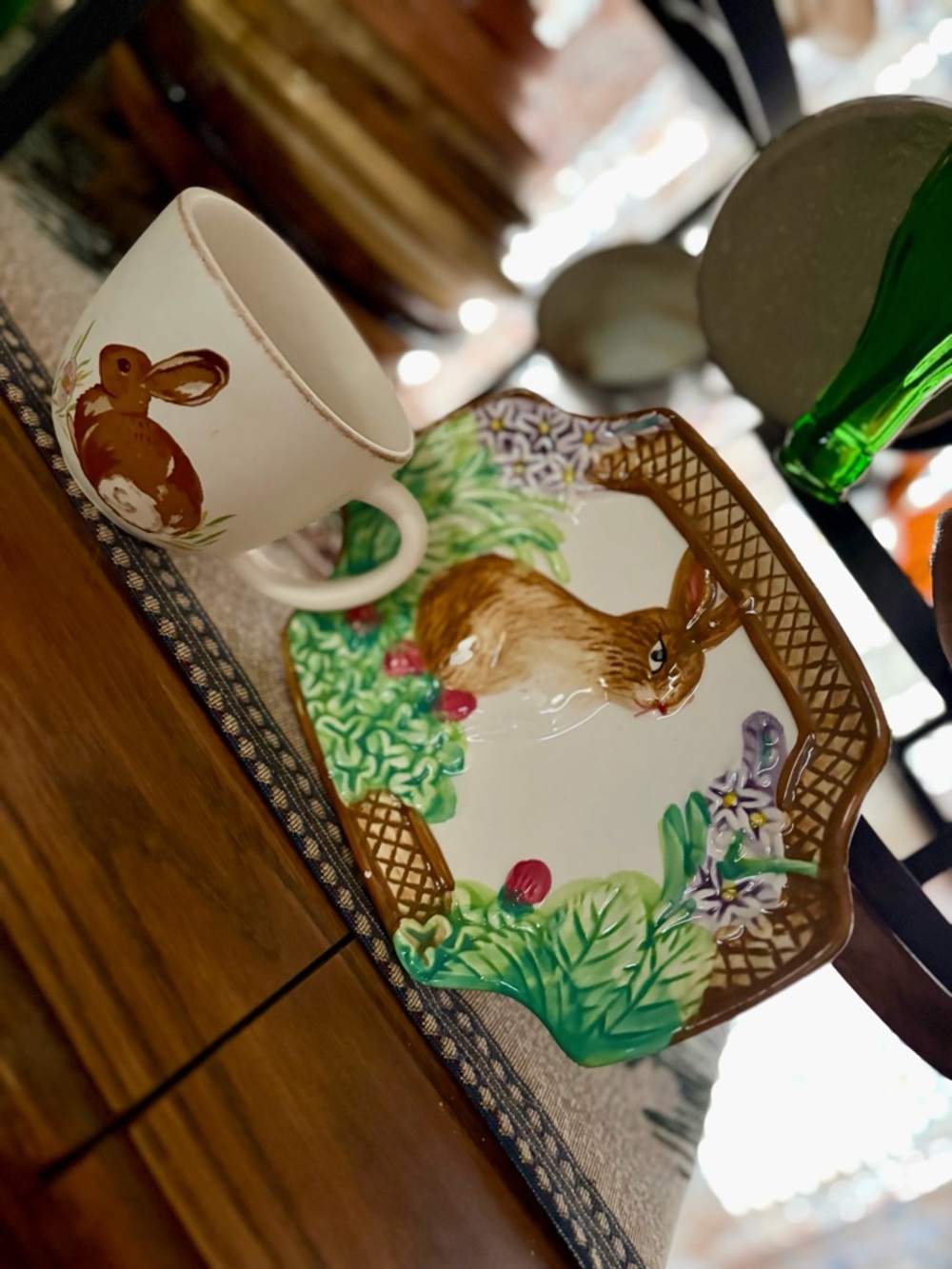 Hand-Painted Bunny small Ceramic Tray and Cup - Brown & Green